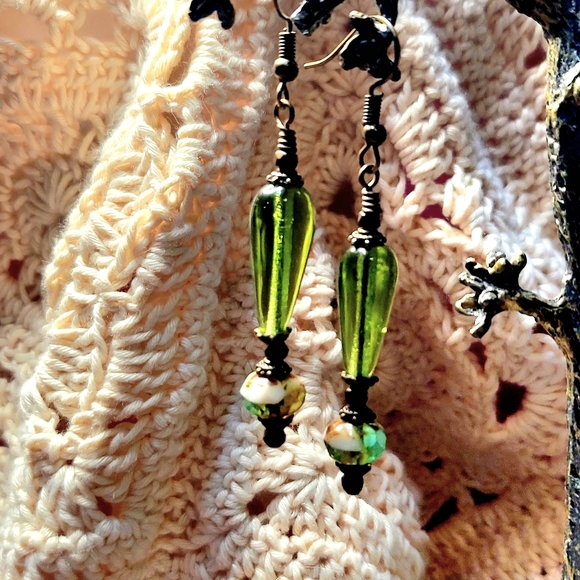 Boho Moss Green handcrafted drop Earrings - Picture 11 of 11